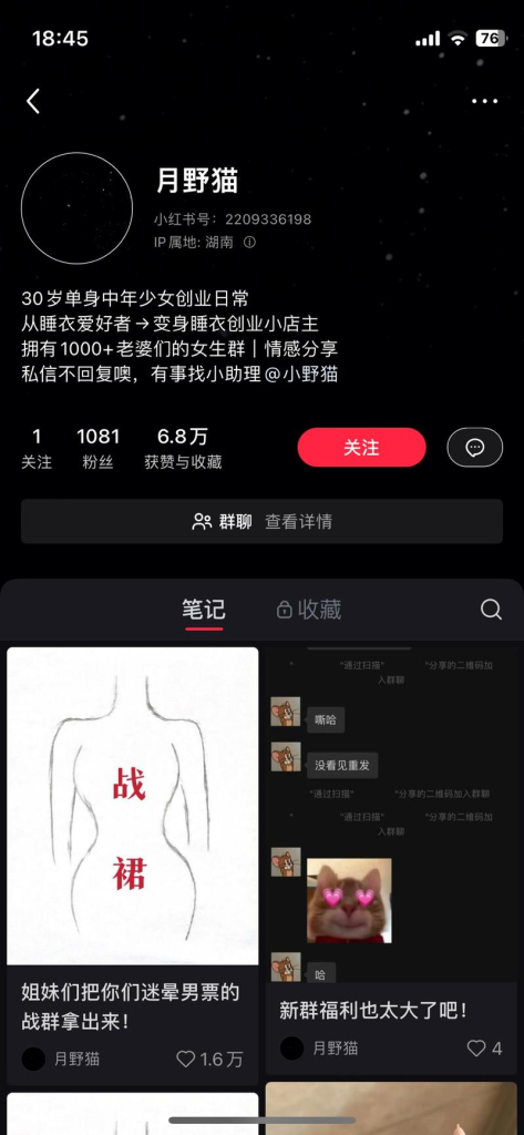 【小红书】在小红书发身材、战群一类的图，引流女生到小红书群。然后引流到微信，直接朋友圈卖情趣用品资源站资源站